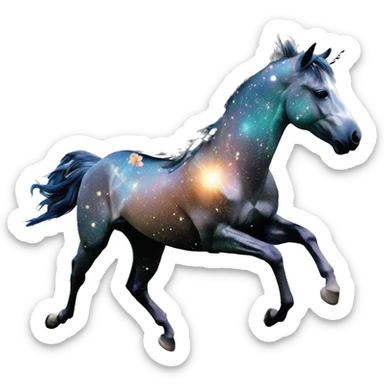 Ethereal zebra newspaper cutting flowers graffiti magazine collage glittering iridescent rich chestnut brown blue mane horse galloping through constellations and nebulas, unicorn Pegasus sticker