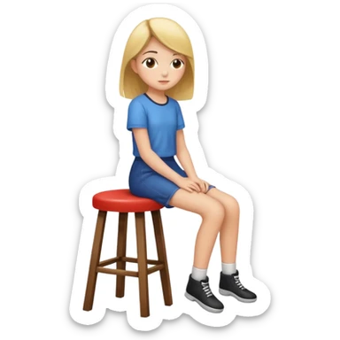 a girl is sitting on a stool facing whole body toward left side sticker