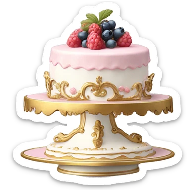 aesthetic vintage rococo cake with white icing, pale pink icing, berries on a gold and white ceramic plate stand  sticker