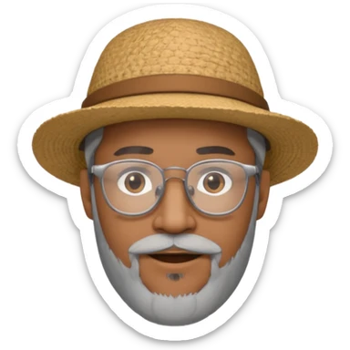 Brown man slightly smiling showing with hat, clear glasses and a gray goatee sticker