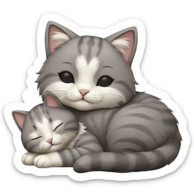 dark grey and white small cat with closed eyes, leaning his head on his paw while leaning on his elbow lying down sticker
