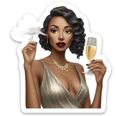 Hyper Realistic beautiful high fashion model drinking champagne and smoking sticker