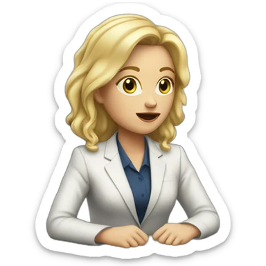 Blonde white woman wearing a suit sitting on the table telling the news towards the camera sticker