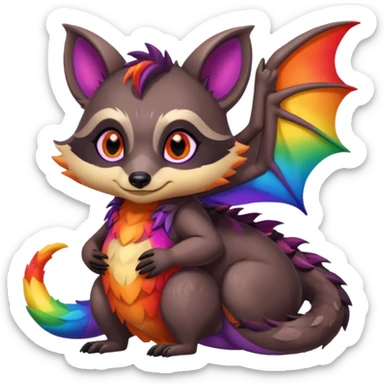 black female raccoon dragon hybrid with rainbow colored wings and purple eyes hugging red female raccoon dragon hybrid with rainbow colored wings and orange eyes sticker