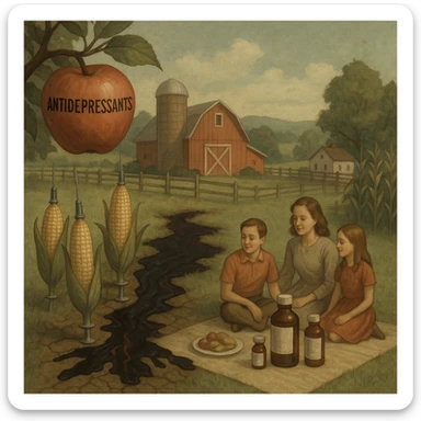 tranquil farm with apples labeled as antidepressants, corn cobs as syringes, oil-bleeding soil, a family picnics oblivious as their meal slowly becomes pharmaceutical bottles, serene scene with subtle horror undertone sticker