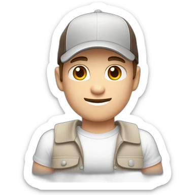 Pale skinned fit Man with dark brown hair in a light gray cap, dark brown jeans, brown polo and white T-shirt keeping a pasted with tape white box into his hands sticker