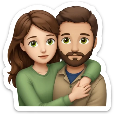 a man with short brown hair and brown beard with brown eyes and a girl with long brown wavy hair with green eyes, togheter. neutral clothes, hugged each other sticker