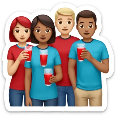 Two dozen adults in casual clothing with red, aqua and blue shirts with different drinks chatting at an afterwork meeting sticker