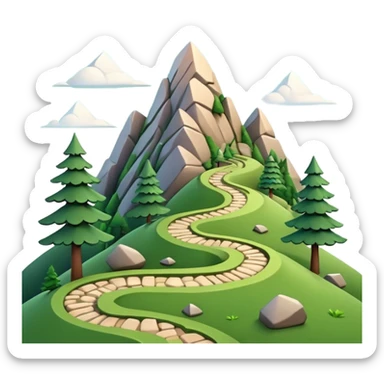 A 3D cartoon mountain trail winding up green slopes with stones and pine trees, distant peaks in background, warm daylight, Memoji-style.A 3D cartoon coiled climbing rope with a carabiner, golden color, resting on a rocky surface, realistic soft shadows, Memoji-style rendering. sticker