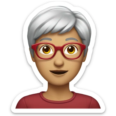 A lady with short gray hair, and red circle glasses sticker
