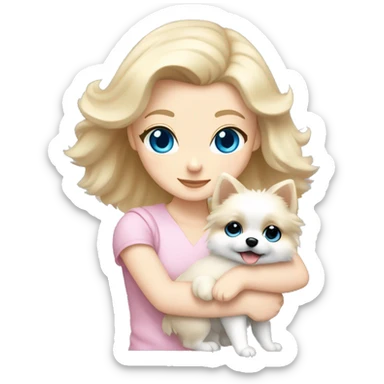 Blond girl white skin blue eyes hugging white Pomeranian with light pink bow sticker