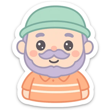 detailed and cute character with mustache, chubby, medium eyebrows, connected beard and mustache, wearing an orange shirt with white stripes, and a green grandpa hat sticker