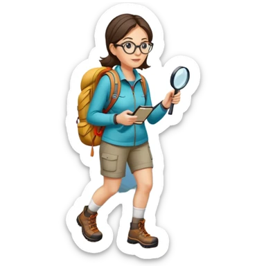 Woman in her 40s with glasses wearing sporty outfit, hiking boots, and backpack, holding a magnifying glass and looking curious sticker