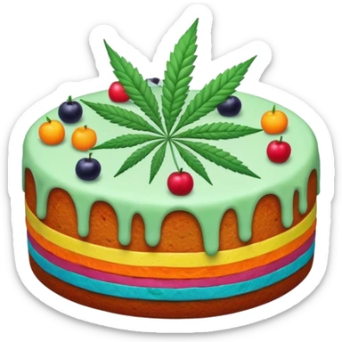 colorful frosted fruit cake with cannabis leaf sticker