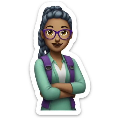Nerd emoji, female, with green ponytail and purple glasses and blue eyes and pink lipstick sticker