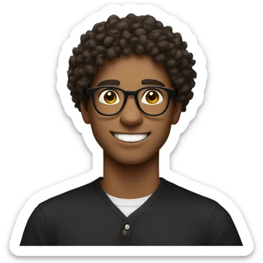 college student, fair skin, round glasses, big smile, curly hair, hinky eyes, black shirt sticker