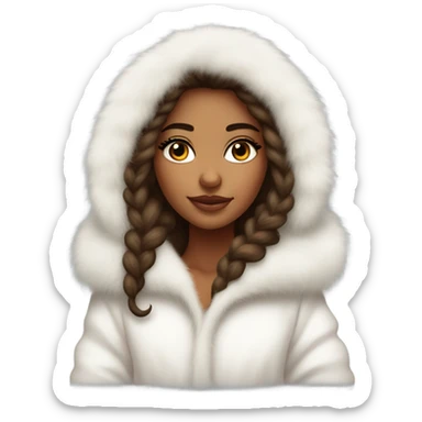 Tanned Girl with lashes ,  in an extremely big fluffy oversized white fur coat with hood on. The fur is real and it’s very obvious big and fluffy like in Pinterest  sticker
