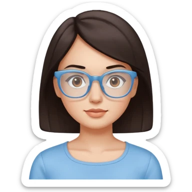mujer de 30 años, cabello marron oscuro, anteojos cuadrados BLANCOS, top celeste escote cuadrado, piel blanca, cara redonda sticker