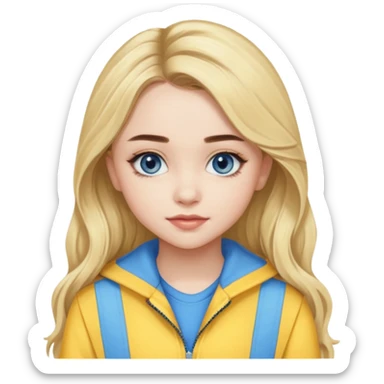 Sabrina Carpenter blue eyes, long blonde hair, yellow tour outfit sticker