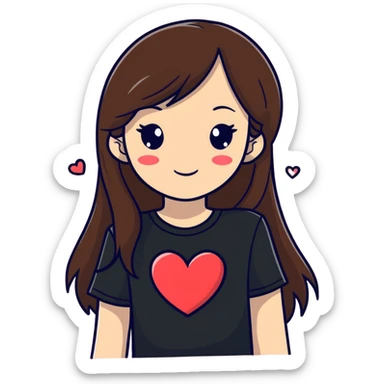 A girl with long brown hair, wearing a black T-shirt and many hearts  sticker