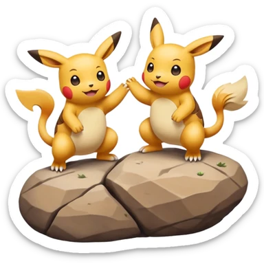 Two Pokémon characters working together — one is helping the other climb onto a small rock. Both look joyful and kind, with a bright, cheerful cartoon emoji style. sticker