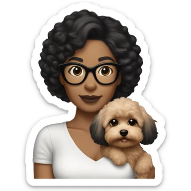 Tan skinned woman with black hair and black cat eye glasses  holding MaltiPoo dog sticker