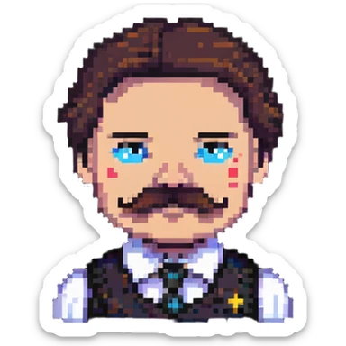 A pixelated angry office manager with a mustache and furrowed brows sticker