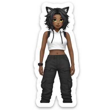 Edgy anthro beautiful pretty anime punk tomboy with cat ears techwear cargo pants hoodie sticker
