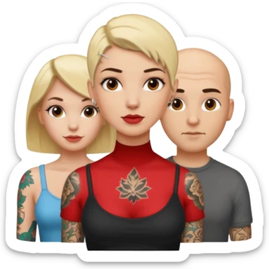 throuple blonde femaleand brunette female with bald tattooed male sticker