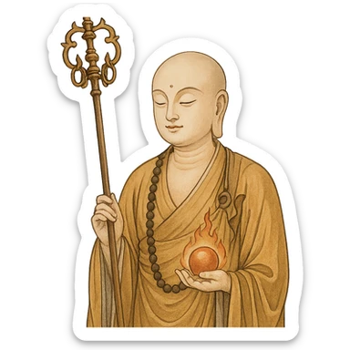 Kṣitigarbha bodhisattva, gentle face, monk's robes, holding a staff and wish-fulfilling jewel, spiritual and serene, East Asian Buddhist iconography sticker