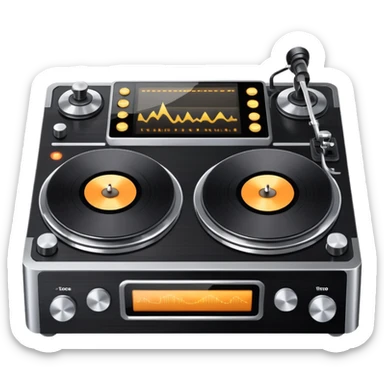 A dual turntable deck with glowing knobs and waveform screens.
 sticker