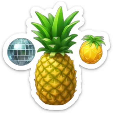 a pineapple, a robot, and a disco ball into a single, unique character. The emoji should convey a sense of futuristic tropical dance party vibes. sticker