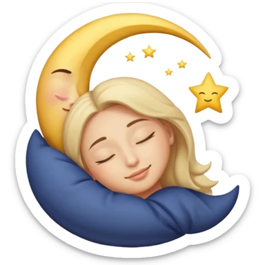 face with a relaxed smile, eyes closed, sleeping, crescent moon nearby, classic emoji style sticker