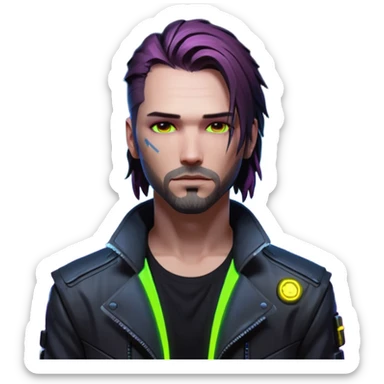 Jony Silverhand from Cyberpunk 2077, cityscape with neon lights, close-up portrait sticker