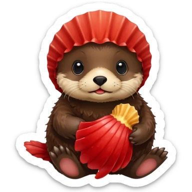 baby sea otter pup holding a red scallop shell sticker
