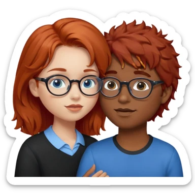 red hair girl with blue eyes kissing the boy with brown fluffy hair and glasses round and brown eyes sticker