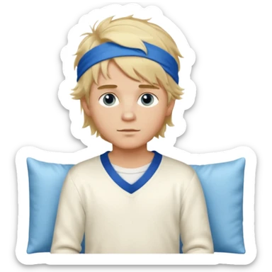 Create a look for a blond boy with long, tousled hair, light eyes, a white sweater, a wealthy appearance, blue eyes, and accessories like a Rolex or Cartier watch, and a cute face with messy hair down. blue eyes + headband white + pajama sticker