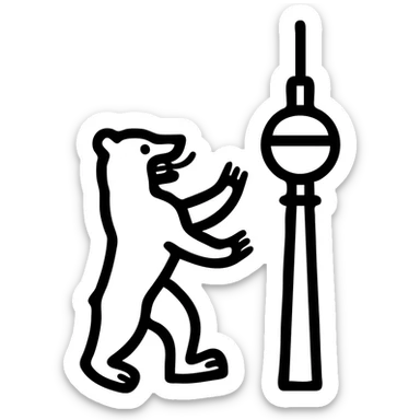 Icon of Berlin Bear for a mobile app, standing next to the Berlin TV Tower (Fernsehturm), modern flat style, no text, transparent background. sticker