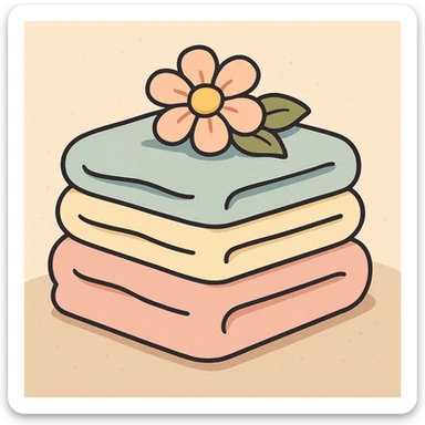 a stack of fluffy towels with a flower, spa vibe, cozy and inviting atmosphere sticker
