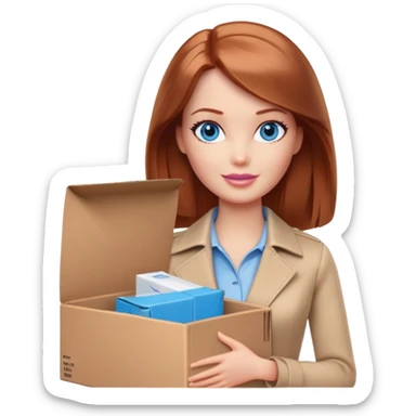 Barbie, eyes are blue, shoulder-length reddish-brown hair, holds a package box, Barbie is wearing beige and brown colored clothes sticker