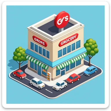 Isometric grocery store building with large windows, parking area, and store signage sticker