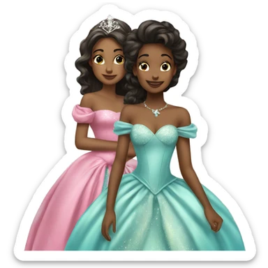 two princesses, beautiful ball gowns, shimmer sticker