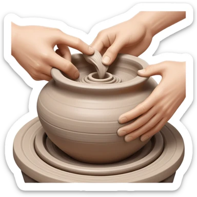 Two hands shaping a clay vessel on a silver pottery wheel, one hand inside and one hand outside the vessel, clean and focused view with no splashing clay sticker