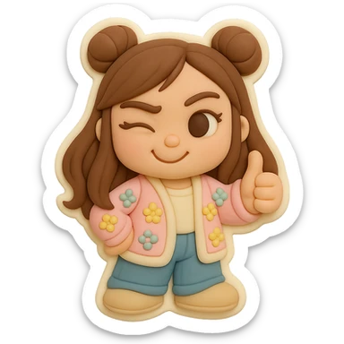3D chibi fondant cake art style, high-quality rendering with smooth shadows and soft gradients. Girl based on reference image, preserving facial features and eye shape exactly as in the 'thumbs down' sticker. Long brown hair in two space buns, brown eyes, jeans, pastel floral cardigan, shoes. Thumbs up, winking playfully. Thick white outline like a sticker, transparent background. Ensure the face, hairstyle, eye shape, and shoes match the reference exactly. sticker