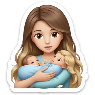 White girl with long voluminous brown hair with blonde highlights balayage holding newborn  sticker