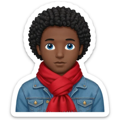 black skin man, curly black hair wear big red scraft, jean jacket sticker