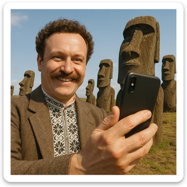 taks a selfie in front of statues on Easter Island sticker