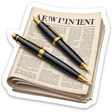 Create an emoji representing journalism and publicistic writing. The design should feature an open newspaper or a stack of articles with visible text columns, symbolizing opinion pieces and analysis. A classic fountain pen or ballpoint pen should be placed near the papers, indicating the act of writing. Optionally, include a small microphone or a press badge to emphasize investigative and journalistic aspects. Use neutral and professional colors like black, white, and muted blue or red. Do not include any emojis or smiley faces. Make the background transparent. sticker