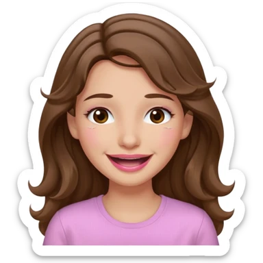 girl with wavy long brown hair, brown eyes, light to medium complexion, long lashes, light pink lipstick, wearing light pink shirt, smiling, crying, laughing, tears sticker