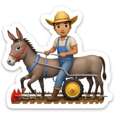 man plowing a field with a plow and a donkey, emoji style sticker
